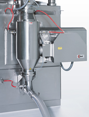 Glatt GSF 300 SCSuperClean rotor mill, traversably mounted on rails, docked to the product discharge of a vertical granulator